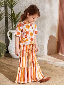 SHEIN Toddler Girls Floral Print Drop Shoulder Top & Striped Ruffle Hem Trousers - Multicolor - View 3
