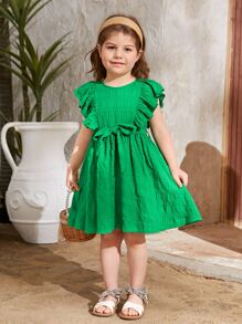 SHEIN Young Girl Casual Holiday Round Neck Pleated Dress With Ruffle Detail, Removable Belt And Woven Fabric - Green - View 1