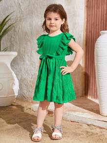 SHEIN Young Girl Casual Holiday Round Neck Pleated Dress With Ruffle Detail, Removable Belt And Woven Fabric - Green - View 3