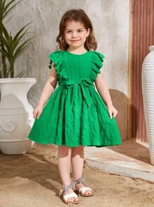SHEIN Young Girl Casual Holiday Round Neck Pleated Dress With Ruffle Detail, Removable Belt And Woven Fabric - Green - View 4