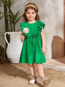 SHEIN Young Girl Casual Holiday Round Neck Pleated Dress With Ruffle Detail, Removable Belt And Woven Fabric - Green - View 5