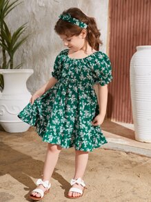 SHEIN 小女童印花泡泡袖荷葉邊洋裝附髮帶