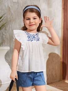 SHEIN Toddler Girls Floral Embroidery Ruffle Trim Blouse - White - View 1