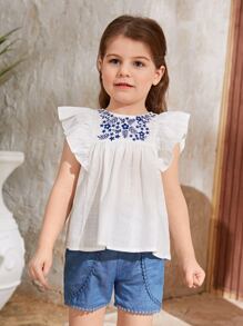 SHEIN Toddler Girls Floral Embroidery Ruffle Trim Blouse - White - View 6