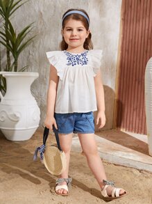 SHEIN Toddler Girls Floral Embroidery Ruffle Trim Blouse - White - View 5