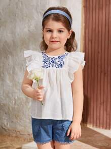 SHEIN Toddler Girls Floral Embroidery Ruffle Trim Blouse - White - View 3