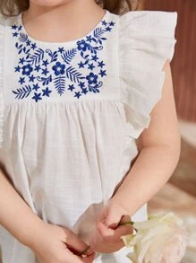 SHEIN Toddler Girls Floral Embroidery Ruffle Trim Blouse - White - View 4