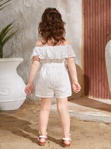 SHEIN Toddler Girls Off Shoulder Ruffle Trim Belted Romper - White - View 2