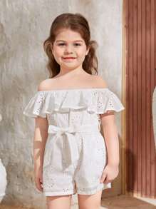 SHEIN Toddler Girls Off Shoulder Ruffle Trim Belted Romper - White - View 1