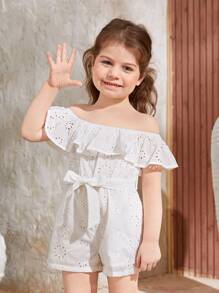 SHEIN Toddler Girls Off Shoulder Ruffle Trim Belted Romper - White - View 4