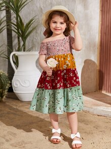SHEIN Leap Crew Vestido para niña con estampado floral y bloqueo de color con detalle de volante en el dobladillo - Multicolor - Ver 1