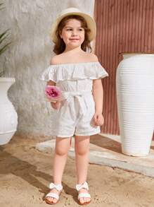 SHEIN Toddler Girls Off Shoulder Ruffle Trim Belted Romper - White - View 5