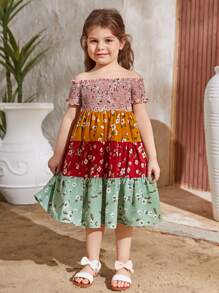 SHEIN Leap Crew Vestido para niña con estampado floral y bloqueo de color con detalle de volante en el dobladillo - Multicolor - Ver 3