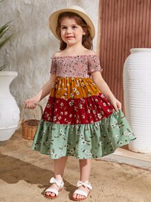 SHEIN Leap Crew Vestido para niña con estampado floral y bloqueo de color con detalle de volante en el dobladillo - Multicolor - Ver 4