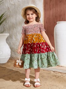 SHEIN Leap Crew Vestido para niña con estampado floral y bloqueo de color con detalle de volante en el dobladillo - Multicolor - Ver 5