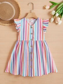 SHEIN Vestido De Manga Corta Para Niña Con Estampado Rayado De Bloques Y Ribetes De Volantes - Multicolor - Ver 1