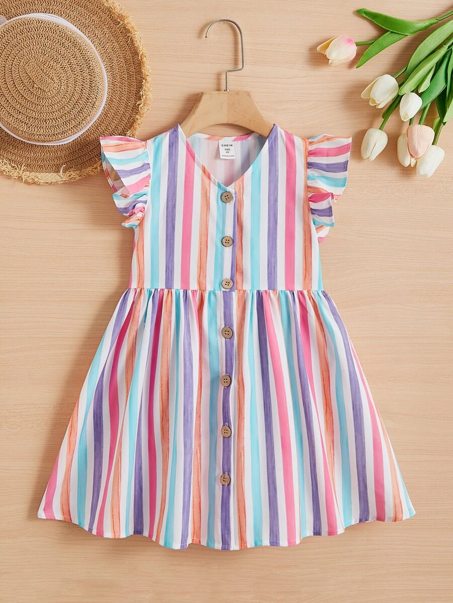 SHEIN Vestido De Manga Corta Para Niña Con Estampado Rayado De Bloques Y Ribetes De Volantes - Multicolor - Ver 1