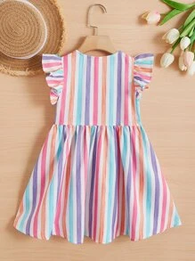 SHEIN Vestido De Manga Corta Para Niña Con Estampado Rayado De Bloques Y Ribetes De Volantes - Multicolor - Ver 2