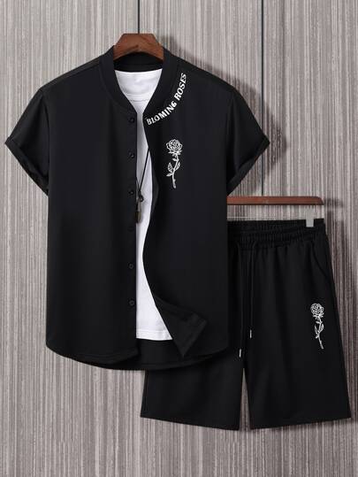 قميص وشورت كاجوال للرجال بطبعات زهور وحروف بدون تيشيرت، طقم رجالي قطعتين للخروج، ملابس مريحة