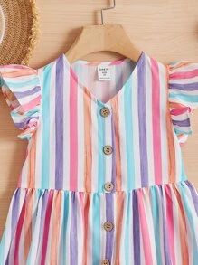 SHEIN Vestido De Manga Corta Para Niña Con Estampado Rayado De Bloques Y Ribetes De Volantes - Multicolor - Ver 3