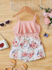 SHEIN Young Girl Floral Print Ruffle Trim Cami Romper - Multicolor - View 1