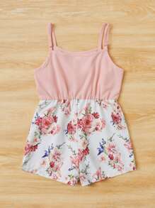 SHEIN Young Girl Floral Print Ruffle Trim Cami Romper - Multicolor - View 2