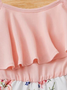 SHEIN Young Girl Floral Print Ruffle Trim Cami Romper - Multicolor - View 3