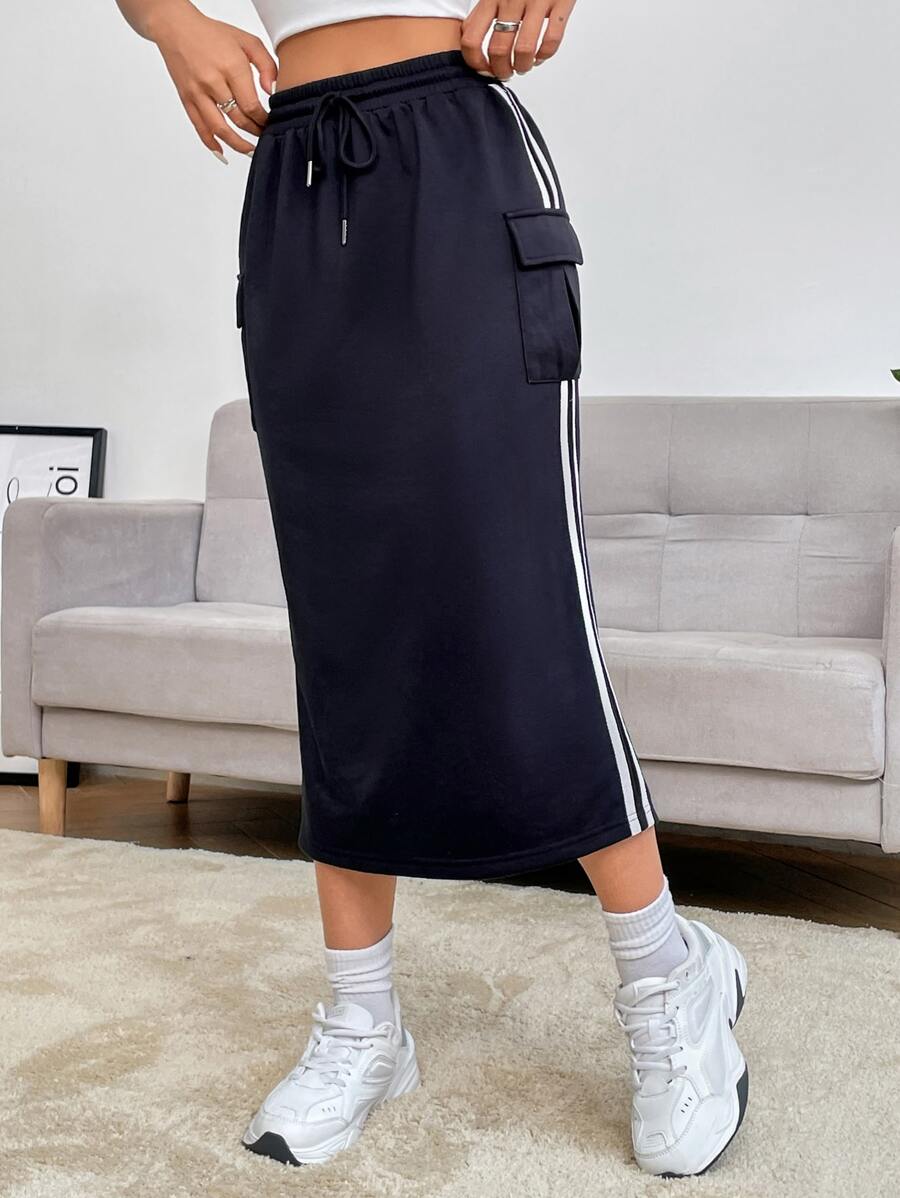 Muchica Váy nữ Túi Ruy băng Sọc bên Sọc Giải trí - màu đen - Xem 1