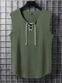 Manfinity Hombres Top tank unicolor con cordón delantero - Verde militar - Ver 3