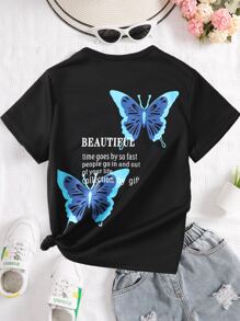 SHEIN Tops con gái Slogan Loại bướm Giải trí - màu đen - Xem 1