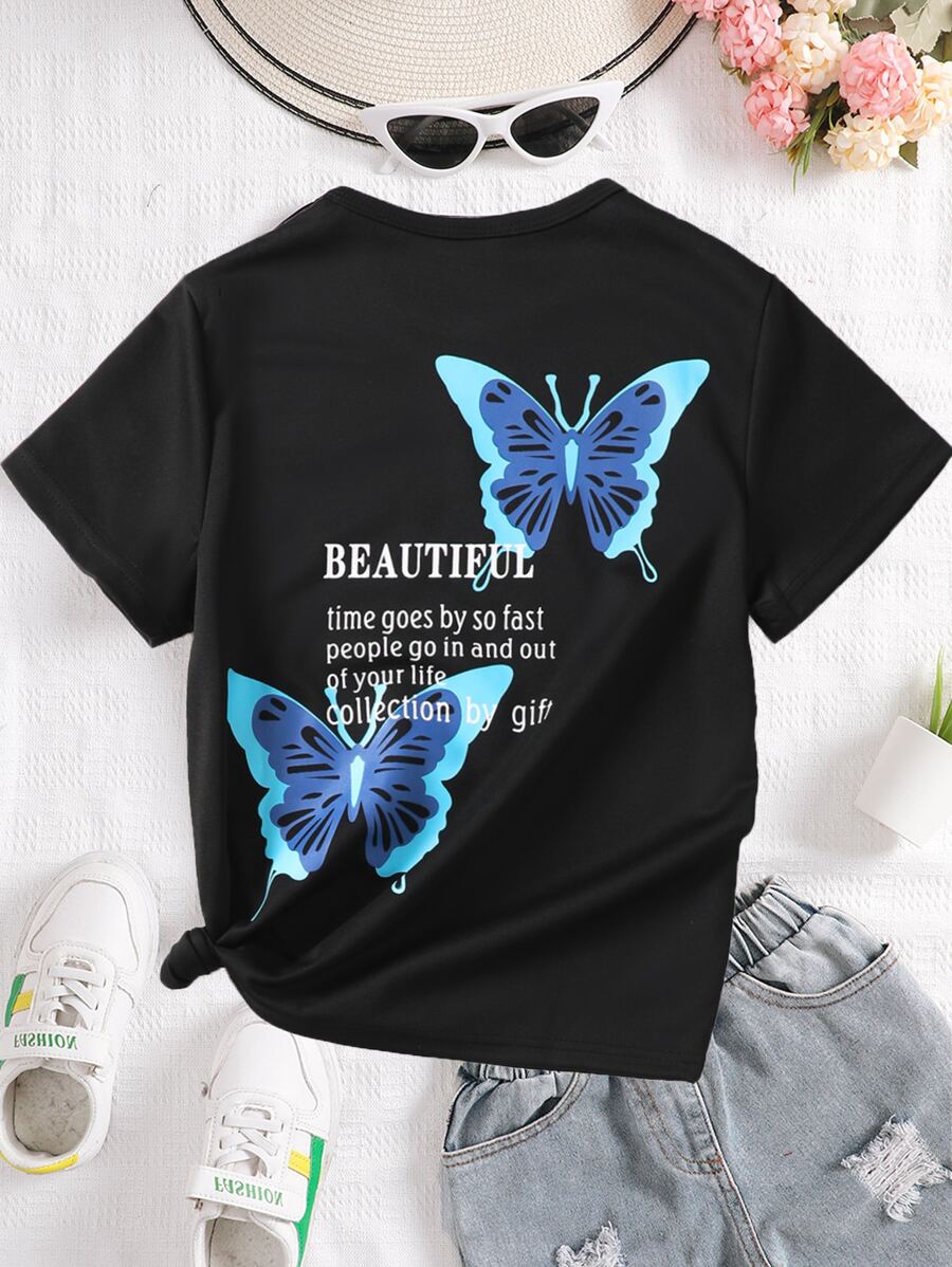 SHEIN Tops con gái Slogan Loại bướm Giải trí - màu đen - Xem 1