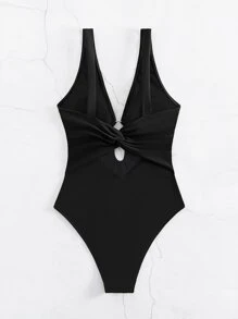 Swim Basics ملابس سباحة قطعة واحدة الحلقة مرتبطة عميق V - الأسود - مشاهدة 2