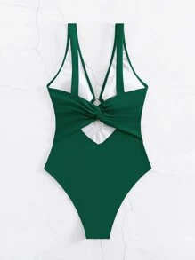 Swim Basics Summer Beach Ring Linked Plunging One Piece Swimsuit - Dark Green - View 4
