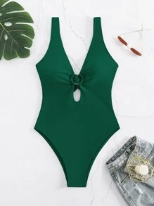 Swim Basics Summer Beach Ring Linked Plunging One Piece Swimsuit - Dark Green - View 7