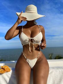 Conjunto de bikini para playa de verano con tanga de cadena entrelazada - Beis - Ver 1