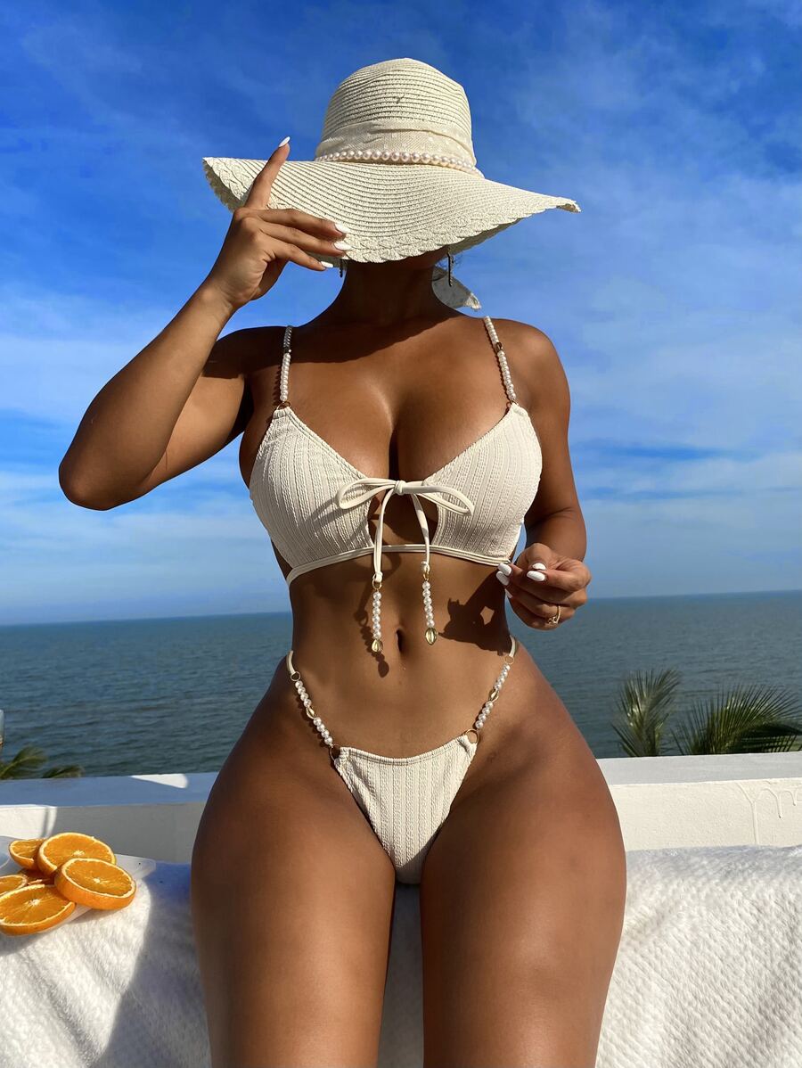 Conjunto de bikini para playa de verano con tanga de cadena entrelazada - Beis - Ver 1