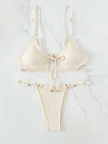 Conjunto de bikini para playa de verano con tanga de cadena entrelazada - Beis - Ver 4
