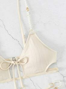 Conjunto de bikini para playa de verano con tanga de cadena entrelazada - Beis - Ver 6