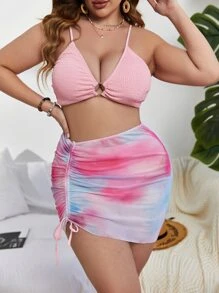 Plus Size Ombre Ring Linked Bikini Set With Beach Skirt Summer Beach - Baby Pink - View 3