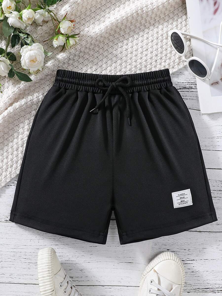 Girls Letter Patched Detail Drawstring Waist Shorts - Black - View 1
