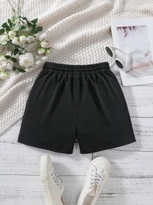 Girls Letter Patched Detail Drawstring Waist Shorts - Black - View 2