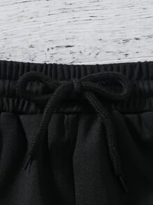 Girls Letter Patched Detail Drawstring Waist Shorts - Black - View 7
