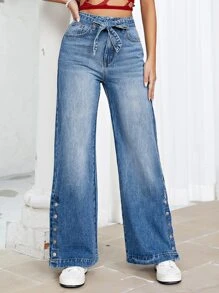 Button Hem Belted Wide Leg Jeans - Medium Wash - View 1