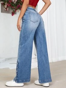 Button Hem Belted Wide Leg Jeans - Medium Wash - View 2