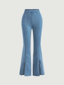 SHEIN MOD 高腰下擺開叉牛仔喇叭褲 - 中等水洗藍 - 查看 1