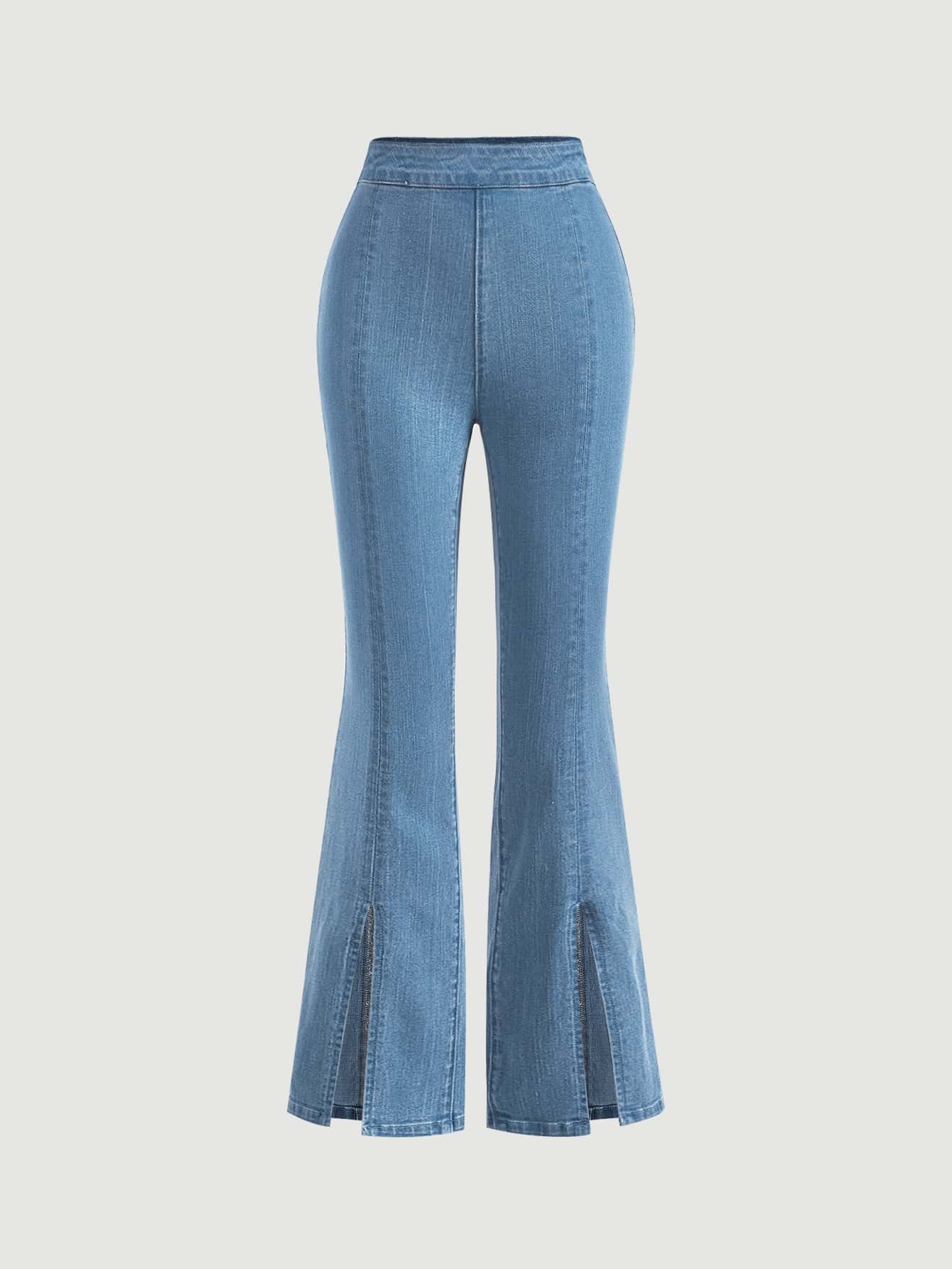 SHEIN MOD 高腰下擺開叉牛仔喇叭褲 - 中等水洗藍 - 查看 1