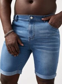 Manfinity RebelGame Men Plus Roll Up Hem Denim Shorts - Light Wash - View 6