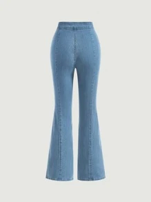 SHEIN MOD 高腰下擺開叉牛仔喇叭褲 - 中等水洗藍 - 查看 2