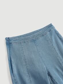 SHEIN MOD 高腰下擺開叉牛仔喇叭褲 - 中等水洗藍 - 查看 3