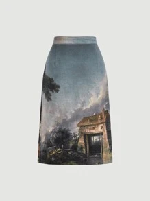 SHEIN MOD 人像圖案直筒牛仔短裙 - 彩色 - 查看 2